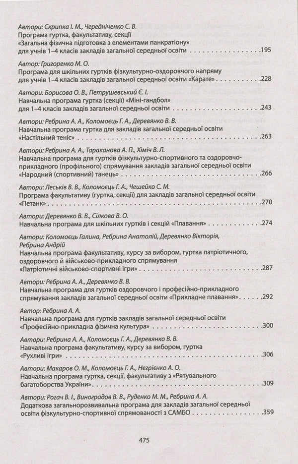 Collection of programs of groups, electives, elective courses in physical culture. Educational programs from 1 to 11 grades / Збірник програм гуртків, факультативів, курсів за вибором із фізичної культури. Навчальні програми з 1 по 11 класи 9789669451194-6