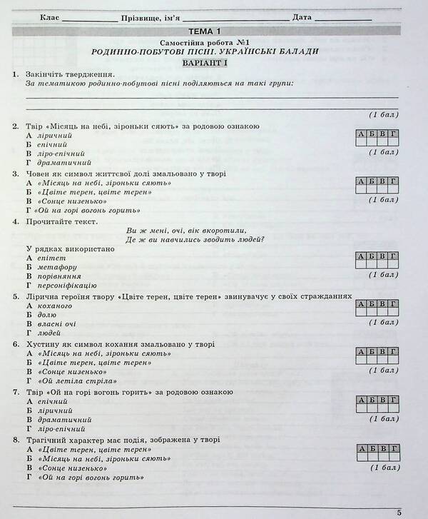 Ukrainian literature. Grade 9. Control test tasks / Українська література. 9 клас. Контрольні тестові завдання Елена Курылина, Галина Земляная 978-617-539-250-8-6