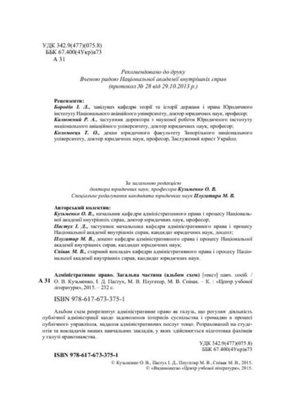 Administrative Law. General part. Album of schemes / Адміністративне право. Загальна частина. Альбом схем Ольга Кузьменко, И. Пастух, М. Плугатыр, М. Спивак 978-617-673-375-1-4