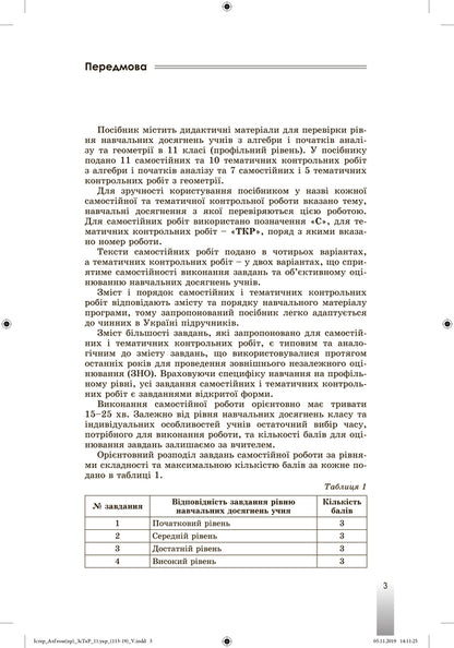 Algebra and geometry 11th grade. A collection of independent and thematic test papers (professional level) / Алгебра та геометрія 11 клас. Збірник самостійних та тематичних контрольних робіт (профільний рівень) Александр Истер 978-966-11-1065-5-3
