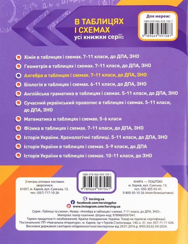 Algebra in tables and diagrams.7-11 grades.Assistance in preparing for DPA, ZNO / Алгебра в таблицях і схемах. 7-11 класи. Допомога у підготовці до ДПА, ЗНО Александр Роганин 978-966-939-704-1-2