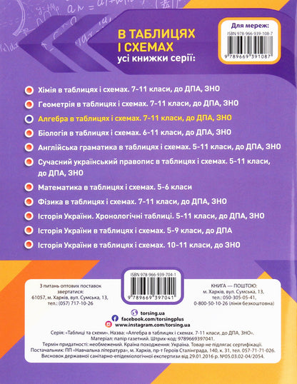 Algebra in tables and diagrams.7-11 grades.Assistance in preparing for DPA, ZNO / Алгебра в таблицях і схемах. 7-11 класи. Допомога у підготовці до ДПА, ЗНО Александр Роганин 978-966-939-704-1-2