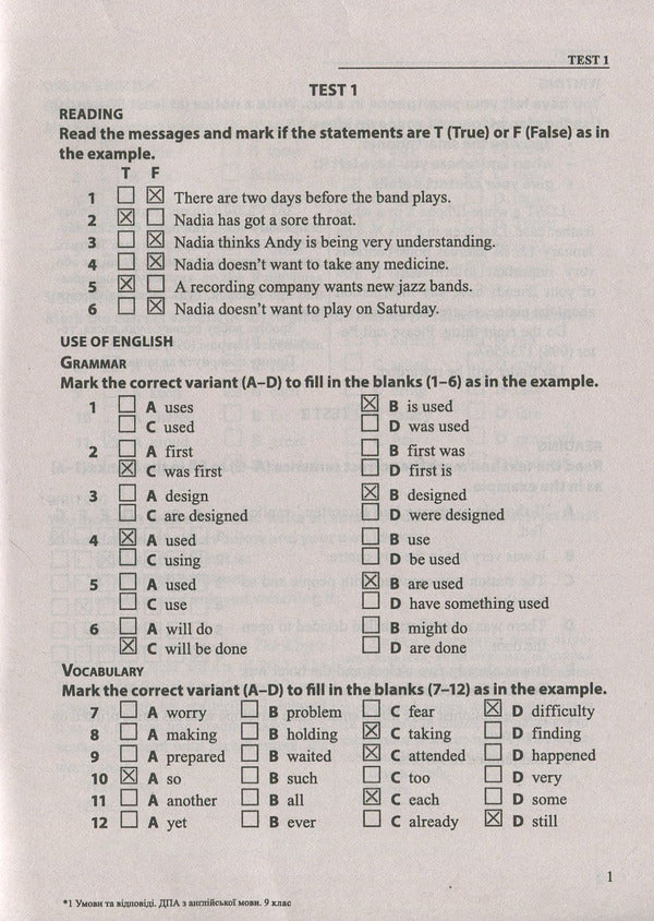 Answers to the final test papers for DPA in English. Grade 9 / Відповіді до підсумкових контрольних робіт для ДПА з англійської мови. 9 клас Алла Марченко, Наталия Лесишин 978-966-07-2951-3-3