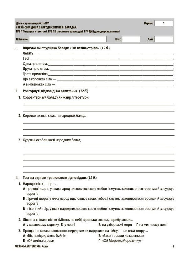 Assessment Ukrainian Literature All Diagnostic Works 9Th Grade O V Zabolotny, O V Slonivska, I V Yarmulska - Оцнювання Укранська лтература Ус дагностувальн роботи 9 клас Заболотний О В , Слоньовська О В , Ярмульська  В Olga Kucinko - Ольга Куцинко 9786170044471-3