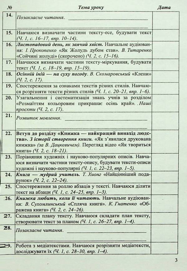 Calendar planning according to the program of O. Ya. Savchenko. 3rd grade / Календарне планування за програмою О. Я. Савченко. 3 клас Ирина Жаркова 9789660743281-5
