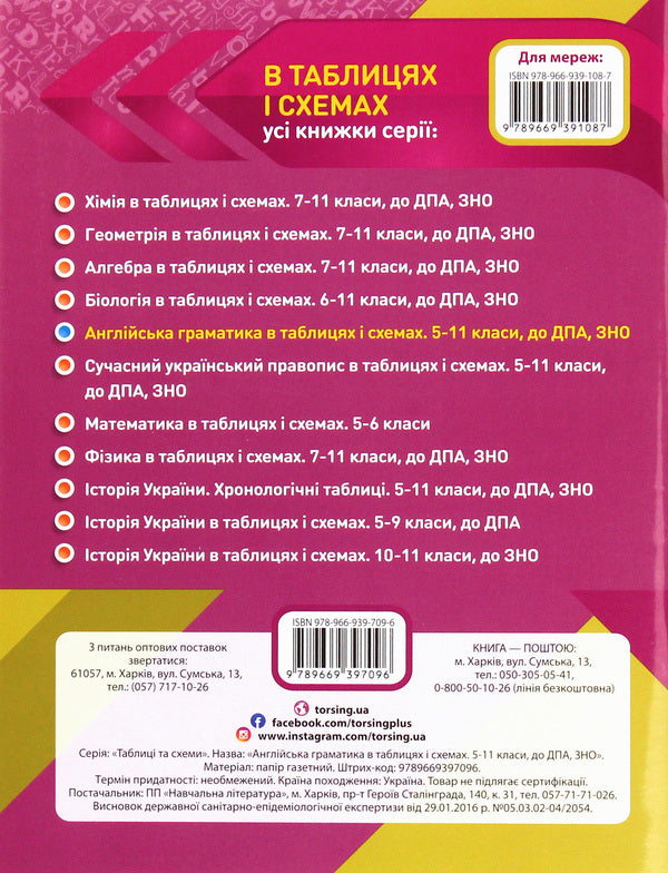 English grammar in tables and diagrams.5-11 grades.Assistance in preparing for DPA, ZNO / Англійська граматика в таблицях і схемах. 5-11 класи. Допомога у підготовці до ДПА, ЗНО Галина Погожих 978-966-939-709-6-2