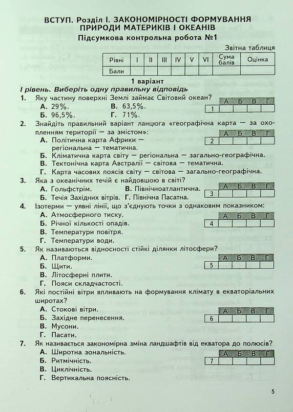 Geography. Continents and oceans. 7th grade. Final control papers. Appendix to the workshop / Географія. Материки та океани. 7 клас. Підсумкові контрольні роботи. Додаток до практикуму Сергей Коберник, Роман Коваленко 978-617-539-336-9-6