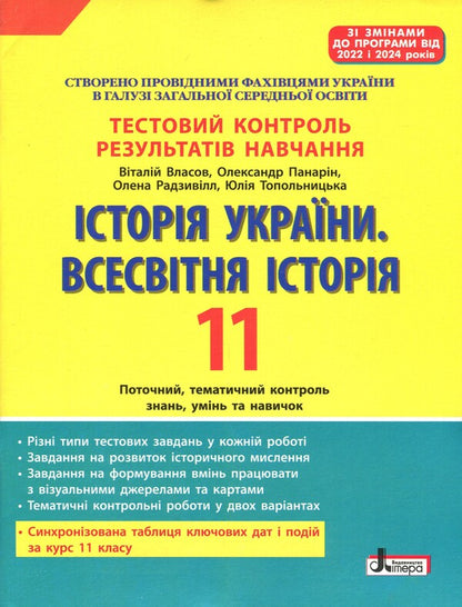 History of Ukraine. World History. 11th grade. Test control of learning outcomes / Історія України. Всесвітня Історія. 11 клас. Тестовий контроль результатів навчання Виталий Власов, Александр Панарин, Елена Радзивилл, Юлия Топольницкая 978-966-945-529-1-1