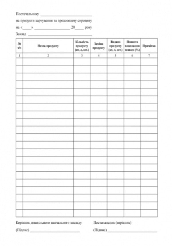 Journal of applications for food products of a preschool education institution / Журнал заявок на продукти харчування закладу дошкільної освіти  9789667457792-4