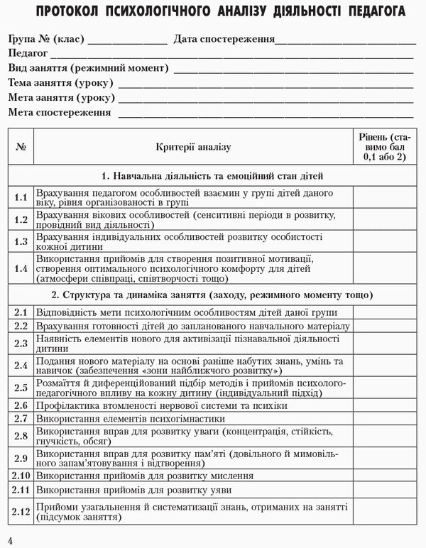 Journal of observations and psychological analysis of teachers' activities by a practical psychologist (social pedagogue) / Журнал спостережень та психологічного аналізу діяльності педагогів практичним психологом (соціальним педагогом)  9789667466145-5