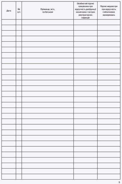 Journal of the health of employees of the food block of the preschool education institution / Журнал здоров'я працівників харчоблоку закладу дошкільної освіти  9789663139883-5