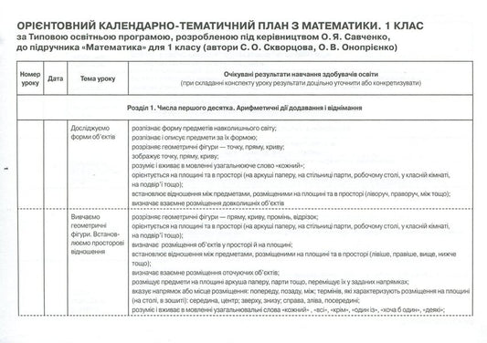 Mathematics. 1st class. Approximate calendar and thematic plan / Математика. 1 клас. Орієнтовний календарно-тематичний план Оксана Оноприенко, Светлана Скворцова 9786170947147-2