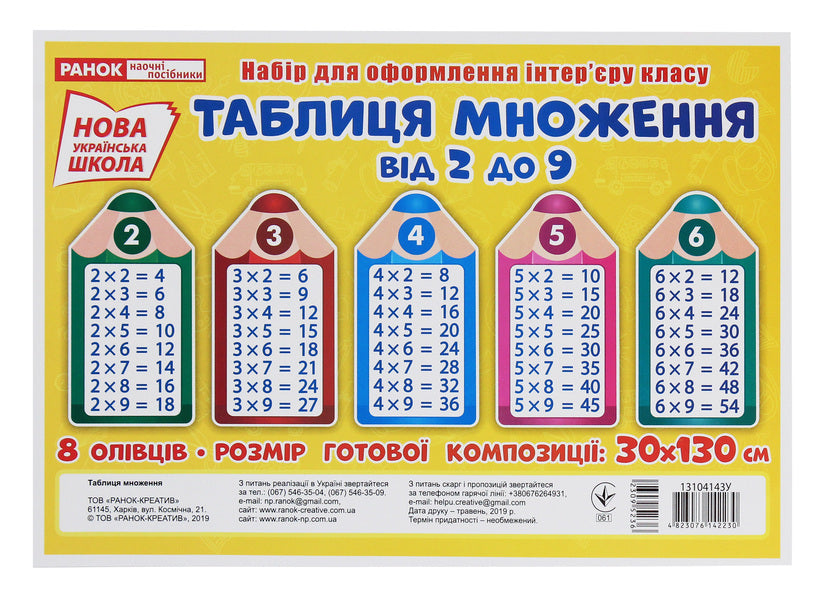 Multiplication table from 2 to 9. Pencils. A set for interior design / Таблиця множення від 2 до 9. Олівці. Набір для оформлення інтер'єру  4823076142230-1
