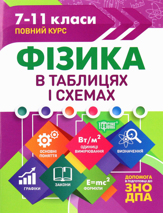 Physics in tables and diagrams.7-11 grades.Assistance in preparing for DPA, ZNO / Фізика в таблицях і схемах. 7-11 класи. Допомога у підготовці до ДПА, ЗНО Елена Дудинова 978-966-939-708-9-1