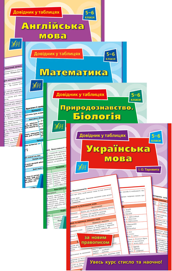Reference In Tables. 5-6 Grades (A Set Of 4 Books) / Довідник у таблицях. 5–6 класи (комплект із 4 книг) Elena Sobchuk, Natalya Stolyarevskaya, Natalya Ostroverkhovaya, I. Tarovita / Олена Собчук, Наталія Столяревська, Наталія Островерхова, І. 9789662849578,9789662849691,9789662849707,9789662849684-1