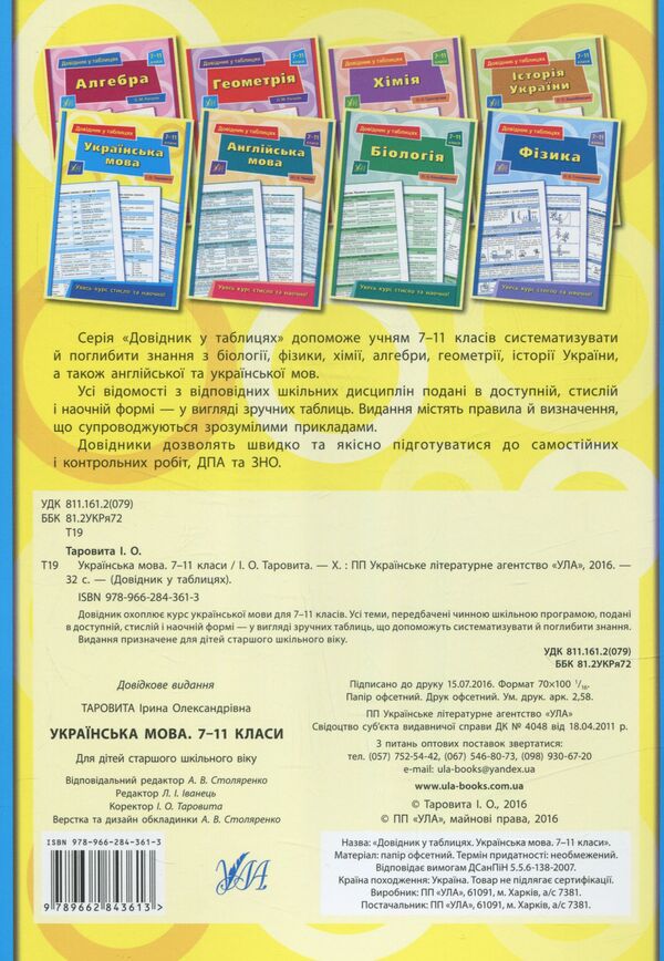 Reference in tables. Ukrainian language. 7-11 grades / Довідник у таблицях. Українська мова. 7 – 11 класи Ирина Таровитая 978-966-284-361-3-2