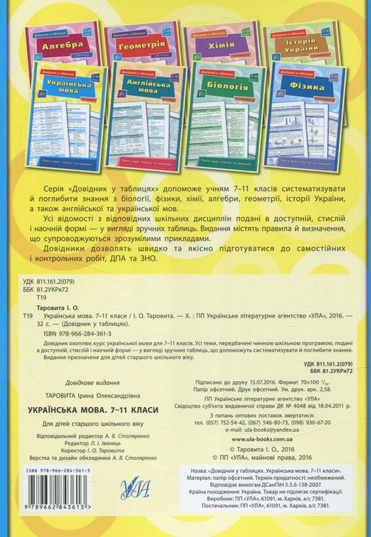 Reference in tables. Ukrainian language. 7-11 grades / Довідник у таблицях. Українська мова. 7 – 11 класи Ирина Таровитая 978-966-284-361-3-2