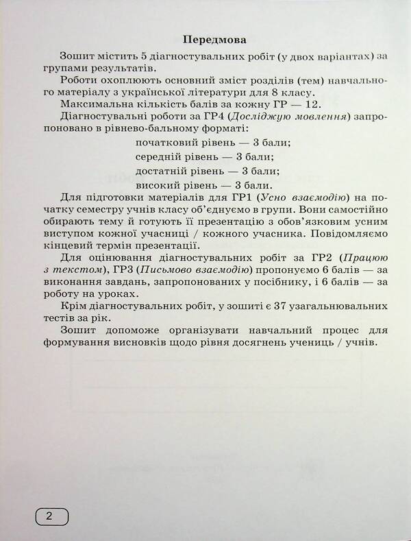 Ukrainian Literature. Grade 8. Diagnosing work by groups of results / Українська література. 8 клас. Діагностувальні роботи за групами результатів Галина Панчук 9789660744028-3