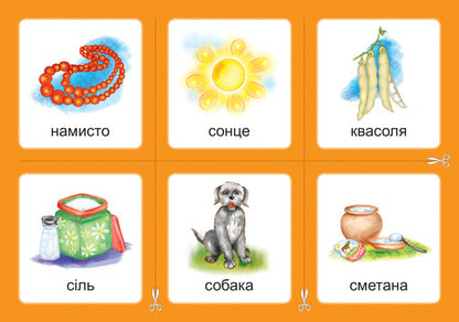 Ukrainian language. 1st class. Didactic cards. Associations. Set 3. Sounds [s]-[z], [s]-[s], [z]-[z], [s]-[ts], [ts]-[ts] / Українська мова. 1 клас. Дидактичні картки. Асоціації. Комплект 3. Звуки [с]-[з], [с]-[с], [з]-[з], [с]-[ц], [ц]-[ц] Валентина Рожнив 2005000010927-5